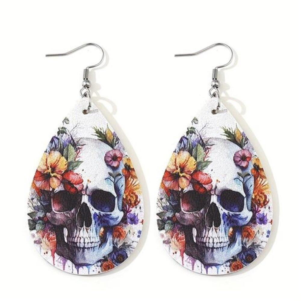 Halloween Flower Skull Pattern PU Leather Reversible Drop Earrings, New! - Picture 2 of 4